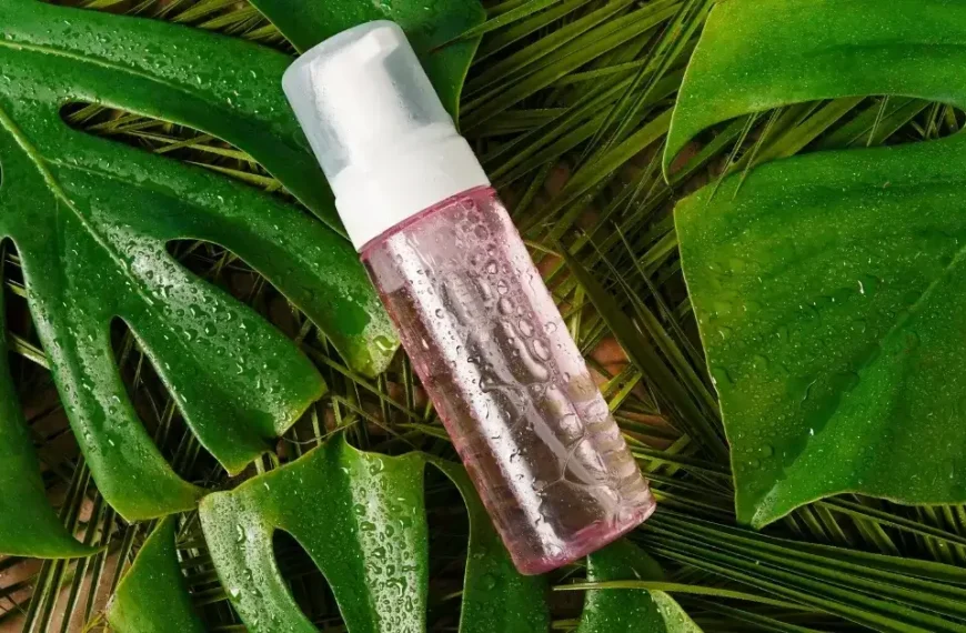 micellar water in pink spray bottle